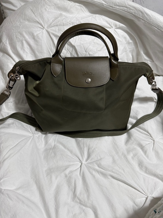 Longchamp Handbags - Longchamp Le Pliage Olive Nylon Tote with Leather Trim and Detachable Strap